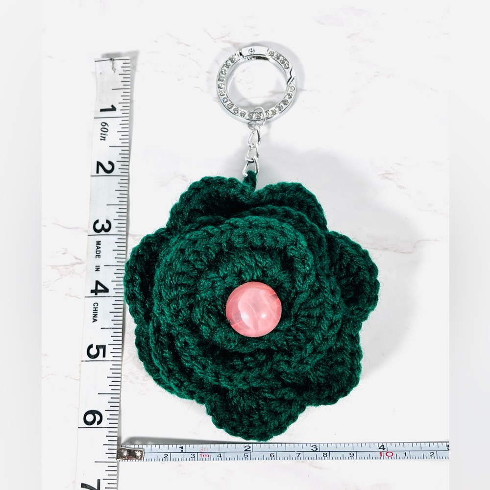 Green Crochet Flower Bag Charm with Pink Bead Center - Picture 3 of 5